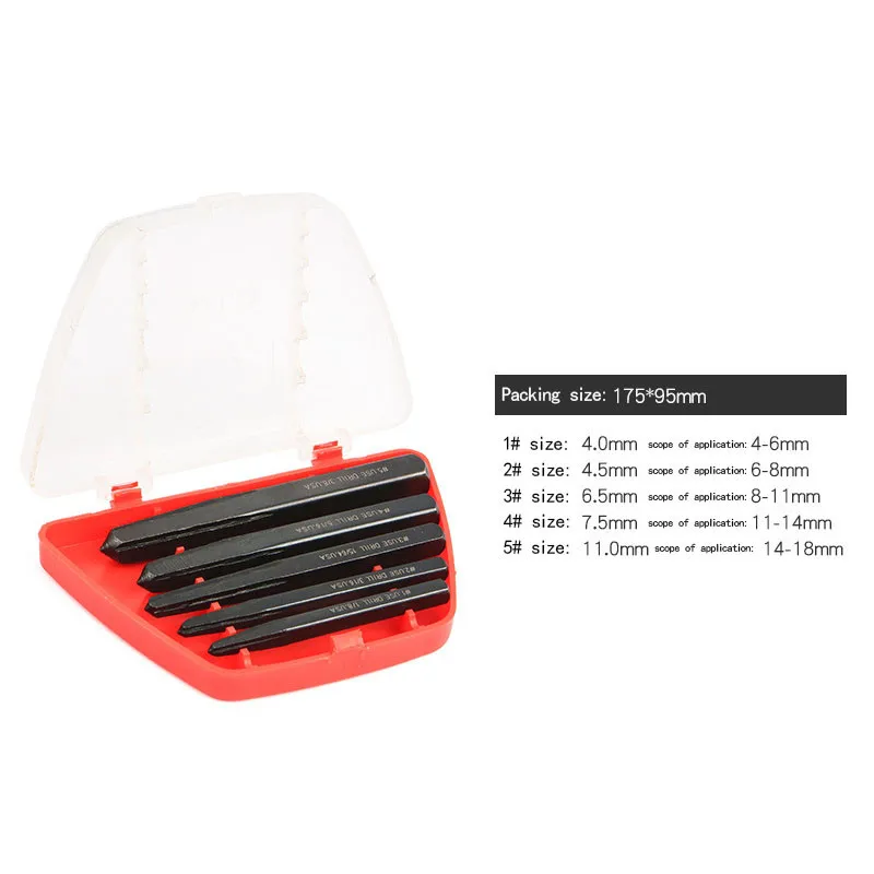 5pcs Square Screw Extractor 1/8" 3/16" 15/64" 5/6" 3/8" Black Carbon Steel Breakage Bolt Extractor Drill Bits Guide Set
5pcs Square Screw Extractor 1/8" 3/16" 15/64" 5/6" 3/8" Black Carbon Steel Breakage Bolt Extractor Drill Bits Guide Set