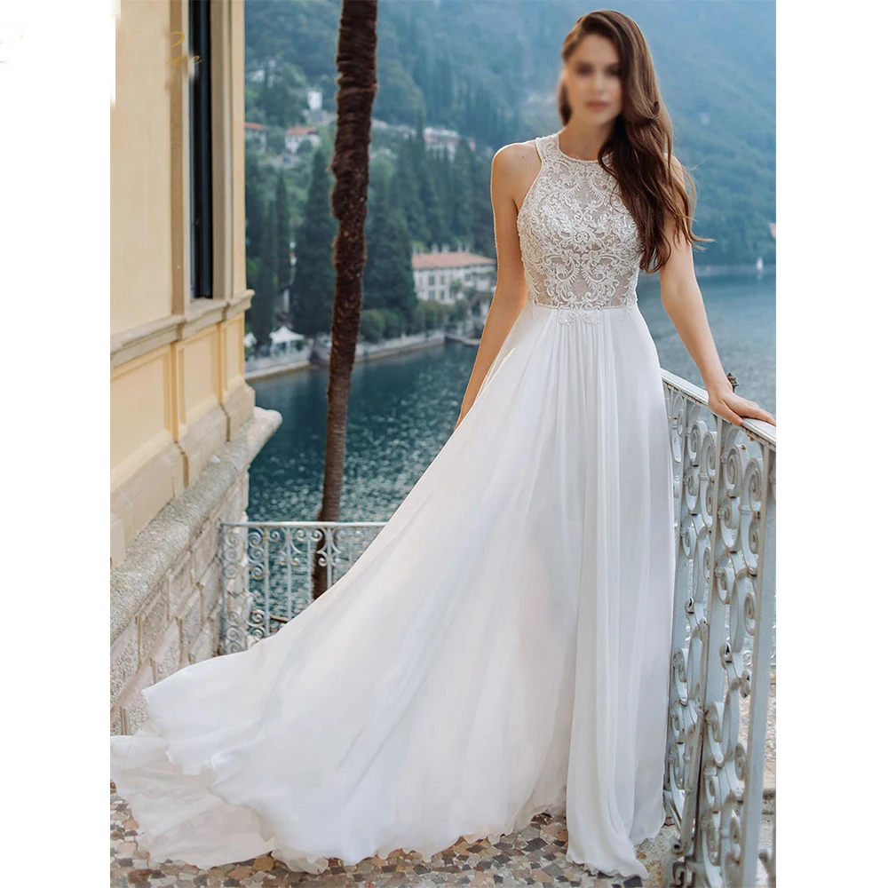 White A line Wedding Dress Chiffon Scoop Neck Wedding Gown Lace Applique Bridal Dress Elegant Sweep Train Beach Dress
White A line Wedding Dress Chiffon Scoop Neck Wedding Gown Lace Applique Bridal Dress Elegant Sweep Train Beach Dress