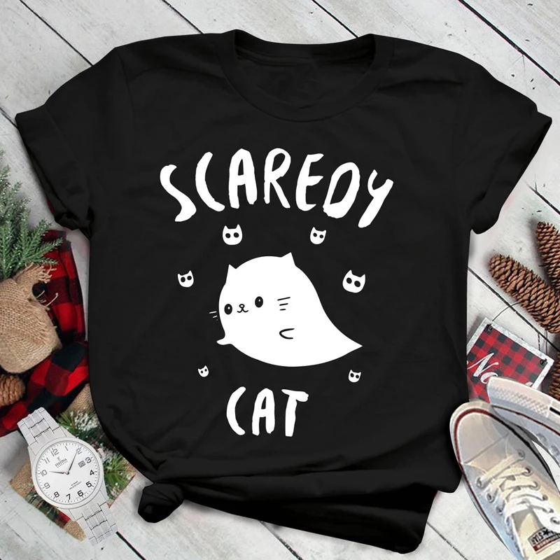 Scaredy Cat, 100% хлопковая футболка, милая женская футболка на Хэллоуин, праздничный подарок, забавная футболка с призрачным котом, футболка, топ
Scaredy Cat, 100% хлопковая футболка, милая женская футболка на Хэллоуин, праздничный подарок, забавная футболка с призрачным котом, футболка, топ