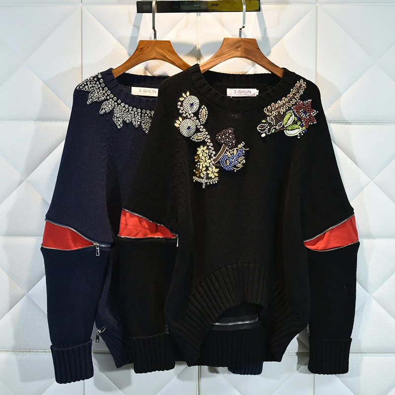 New Fashion Lazy Wind Sweater Female Black Heavy Industries Embroidered Nail Bead Round Neck Loose Bat Knitted Shirt
New Fashion Lazy Wind Sweater Female Black Heavy Industries Embroidered Nail Bead Round Neck Loose Bat Knitted Shirt
