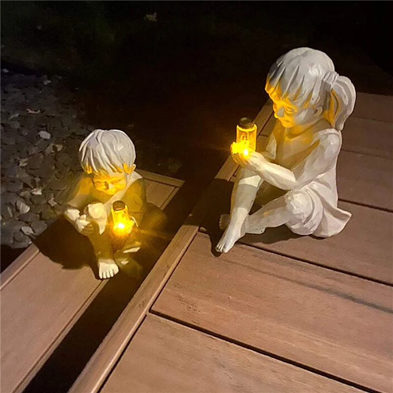 Children Statue Garden Ornament Decorative Solar Lighted Resin Craft Boy Girl Sculpture Landscaping Lawns Yard Pond Decor | Дом и сад