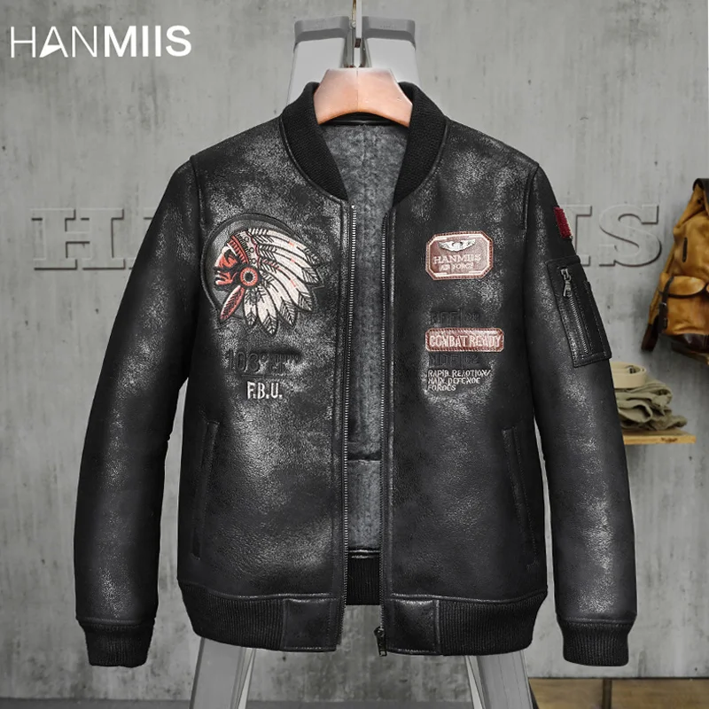 

Куртка-бомбер HANMIIS b6, кожаная куртка из овчины, мужская кожаная куртка с мехом, куртка-бомбер, Мужская одежда, мотоциклетная куртка, зима m