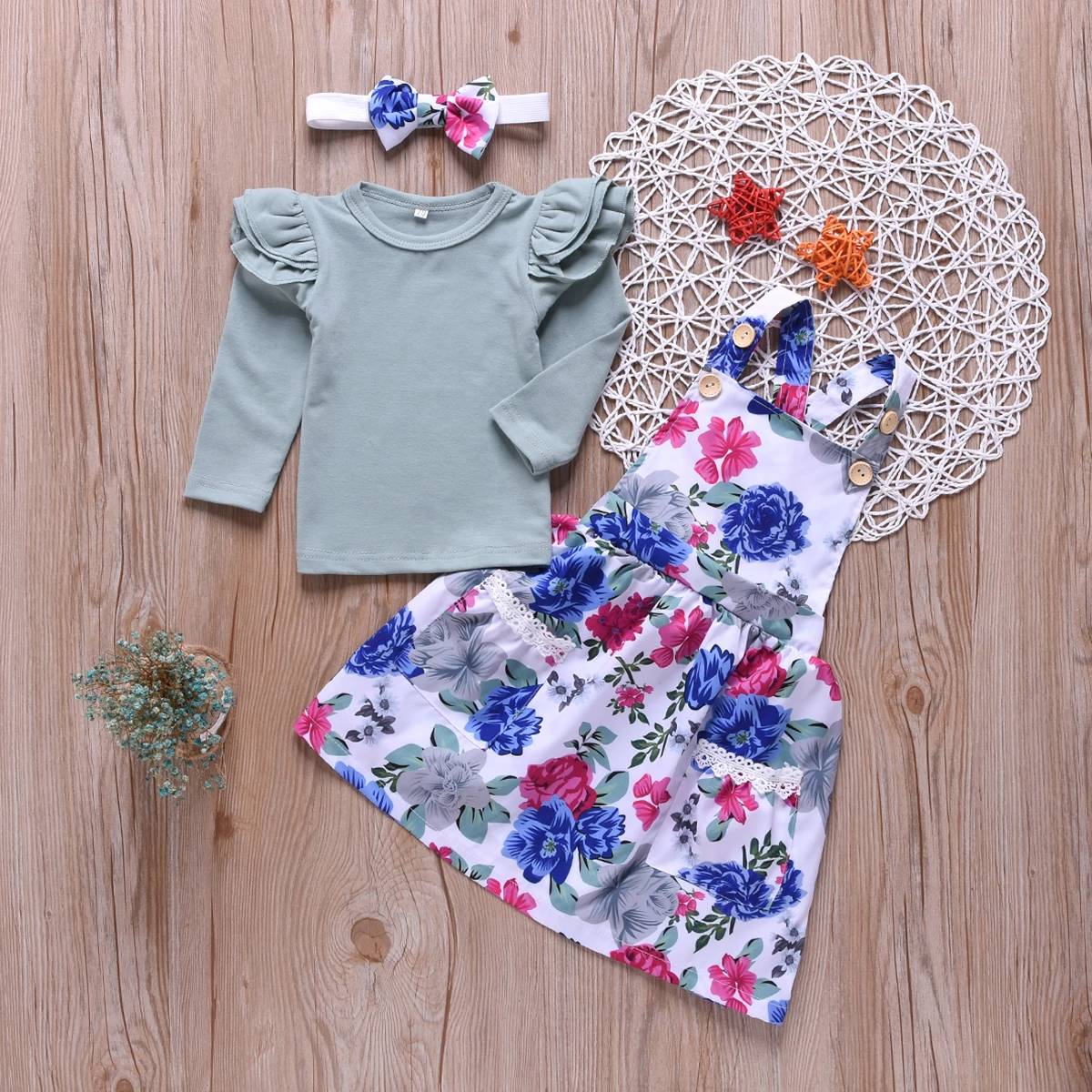 Girl's Autumn 3Pcs Outfit Sets Solid Color Long Sleeve Ruffle Tops + Floral Suspender Skirt + Headband
Girl's Autumn 3Pcs Outfit Sets Solid Color Long Sleeve Ruffle Tops + Floral Suspender Skirt + Headband