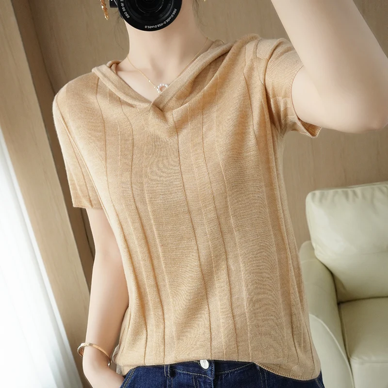 T-shirt women's summer 2021 100% wool sweater short-sleeved casual knitwear plus size ladies blouse with hood collar tees hot
T-shirt women's summer 2021 100% wool sweater short-sleeved casual knitwear plus size ladies blouse with hood collar tees hot