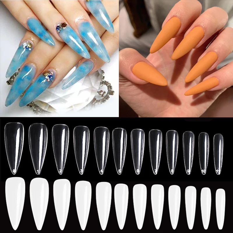

Nail Tips 100+500pcs/Bag New Long Almond 12 Sizes Fashion Paste Full Cover Sharp Stiletto Pointy Nails 2 Colors ABS False Nails