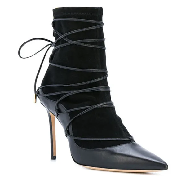 Ladies Sexy Crossed Bandage Patchwork Socks Boots Thin High Heels Ankle Boots Women Back Zipper Pointed toe Short Boots
Ladies Sexy Crossed Bandage Patchwork Socks Boots Thin High Heels Ankle Boots Women Back Zipper Pointed toe Short Boots