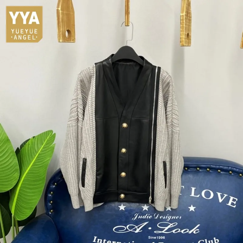 Street Womens Sheepskin Spliced Knitting Jacket Autumn Winter V-Neck Loose Genuine Leather Coat Casual Single Breasted Jacket
Street Womens Sheepskin Spliced Knitting Jacket Autumn Winter V-Neck Loose Genuine Leather Coat Casual Single Breasted Jacket