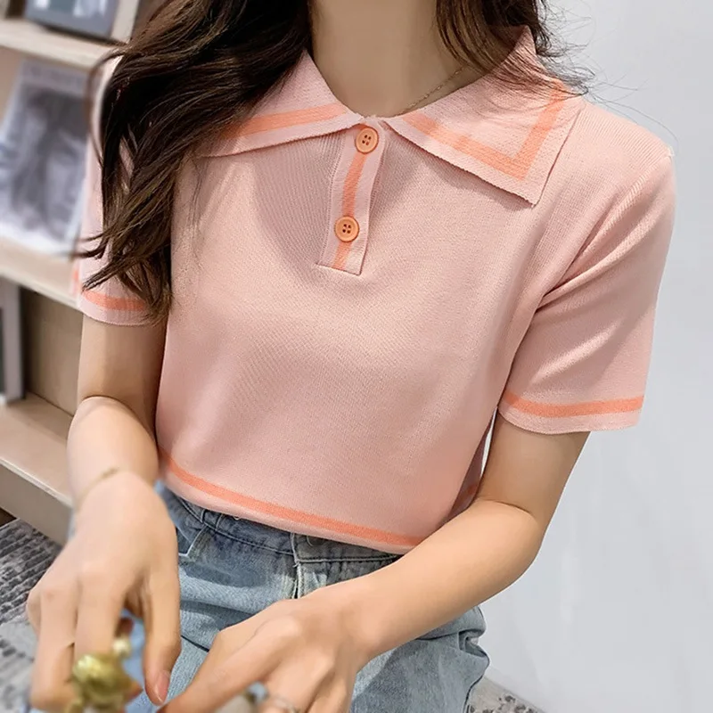 Ladies Polo Shirts Women's Casual Slim Knit Short Sleeve Top Korean Style Sweatshirt Women Turn-down Collar Solid Slim T-Shirts
Ladies Polo Shirts Women's Casual Slim Knit Short Sleeve Top Korean Style Sweatshirt Women Turn-down Collar Solid Slim T-Shirts