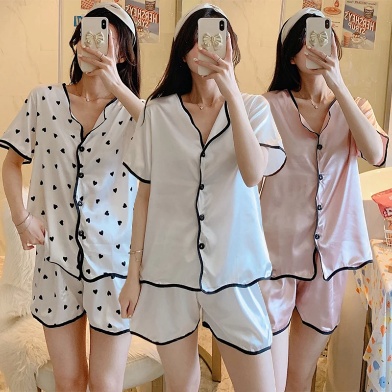 2021 Summer Silk Satin Sexy V-neck Short Sleeve Shorts Pajama Sets for Women Sleepwear Suit Pyjama Homewear Pijama Mujer Clothes
2021 Summer Silk Satin Sexy V-neck Short Sleeve Shorts Pajama Sets for Women Sleepwear Suit Pyjama Homewear Pijama Mujer Clothes