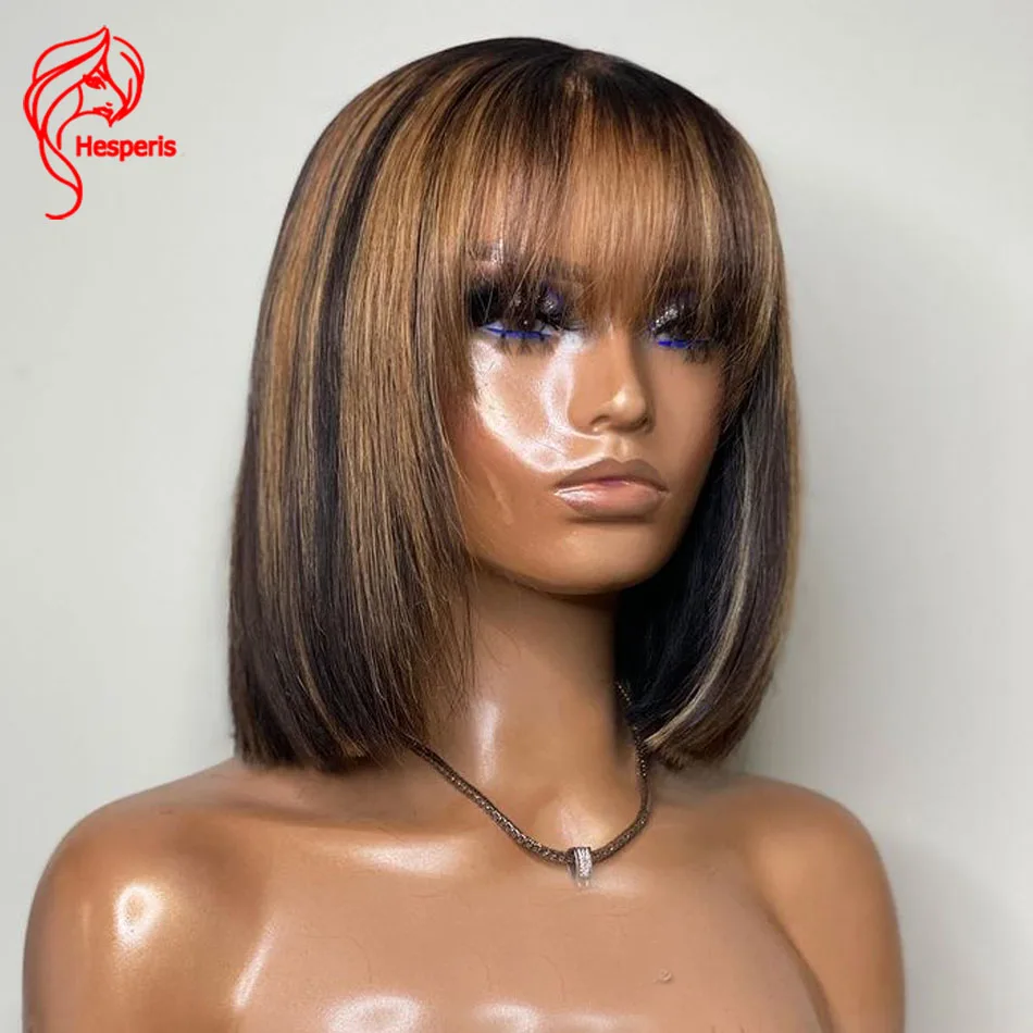

Hesperis Blonde Highlight Human Hair Wig With Bang Brazilian Remy 13x1 T Deep Part Lace Front Wigs Human Hair Short Bob Cut