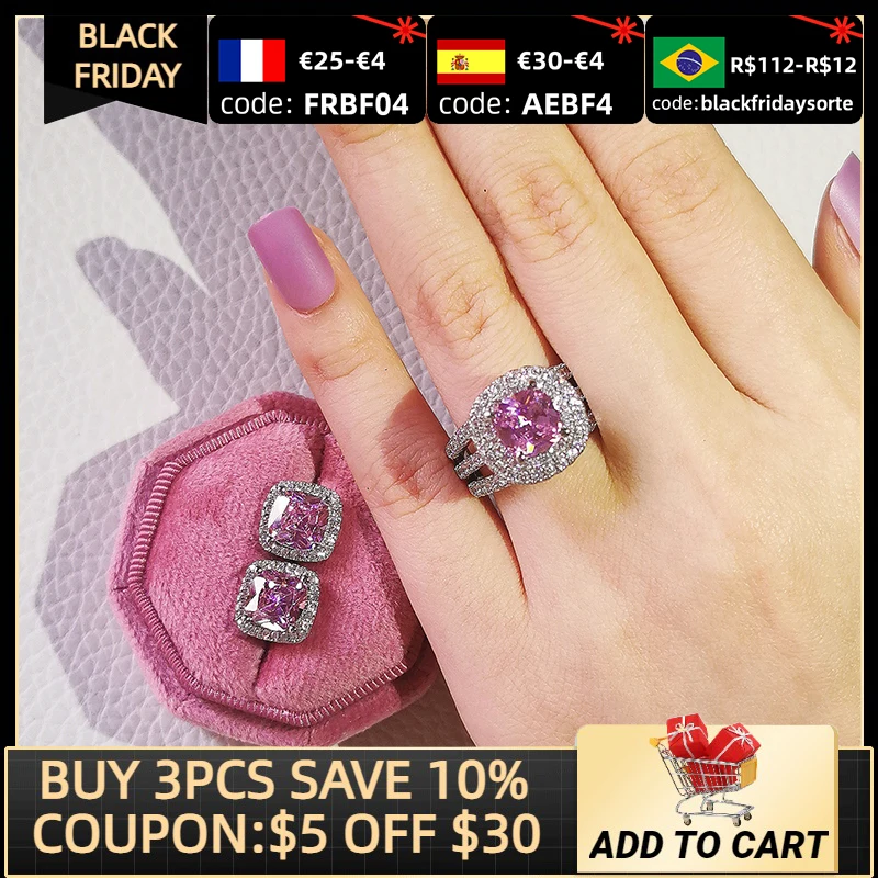 2pcs Pack 925 Sterling Silver Jewelry Set Halo Engagement Ring Round Stud Earring For Wedding Gift Christmas J5568-PINK
2pcs Pack 925 Sterling Silver Jewelry Set Halo Engagement Ring Round Stud Earring For Wedding Gift Christmas J5568-PINK