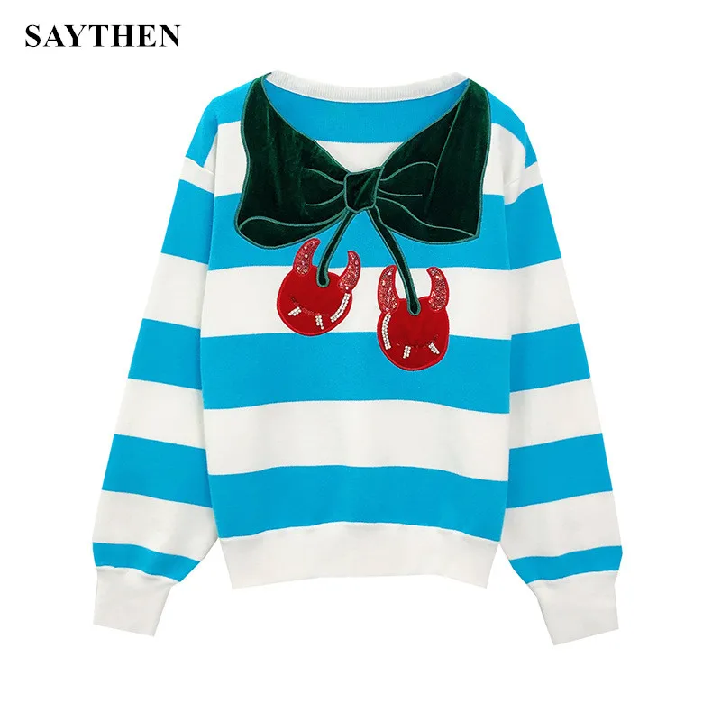 SAYTHEN Autumn And Winter New Products Striped Nail Diamond Embroidery Cherry Long-Sleeved Loose Pullover Sweater Women
SAYTHEN Autumn And Winter New Products Striped Nail Diamond Embroidery Cherry Long-Sleeved Loose Pullover Sweater Women