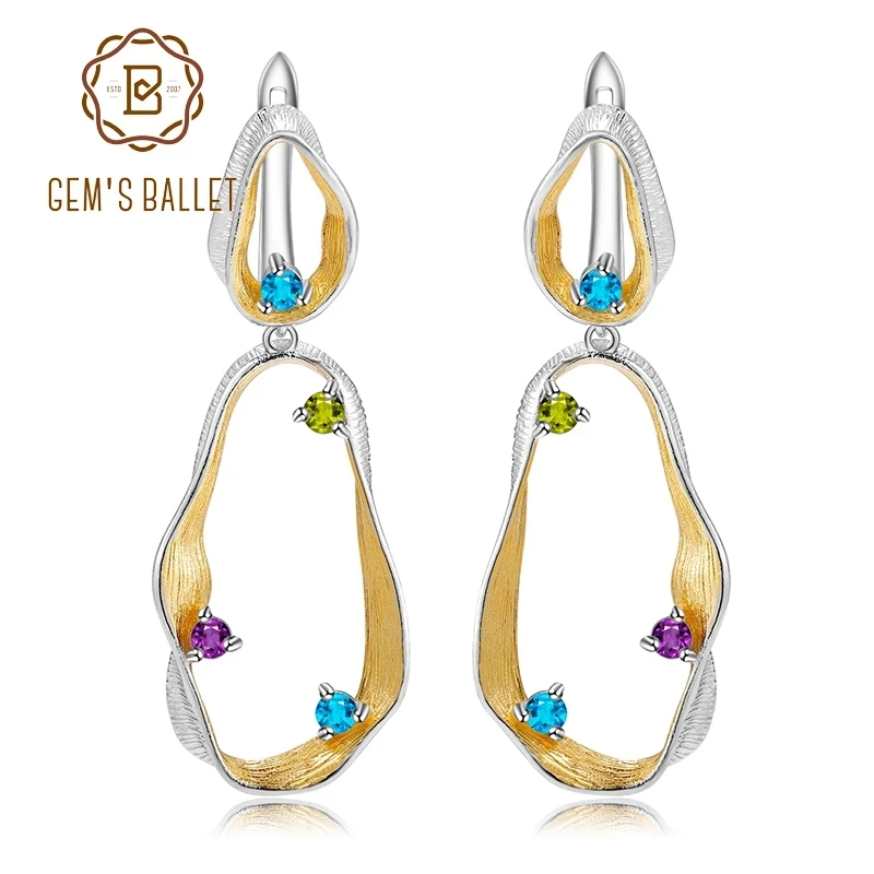 

GEM'S BALLET 925 Sterling Silver Handmade Twist Drop Earrings Natural Topaz Peridot Amethyst Gemstone Earrings for Women Jewelry