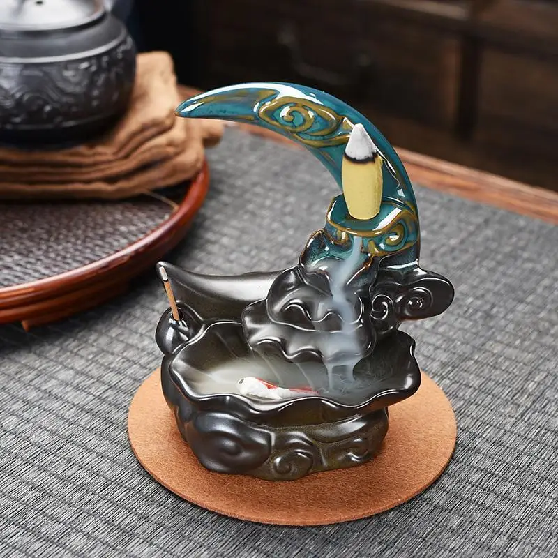 

Ceramic Moon Backflow Incense Burner With 20 Pcs Cones Smoke Waterfall Incense Holder Home Office Teahouse Creative Decor
