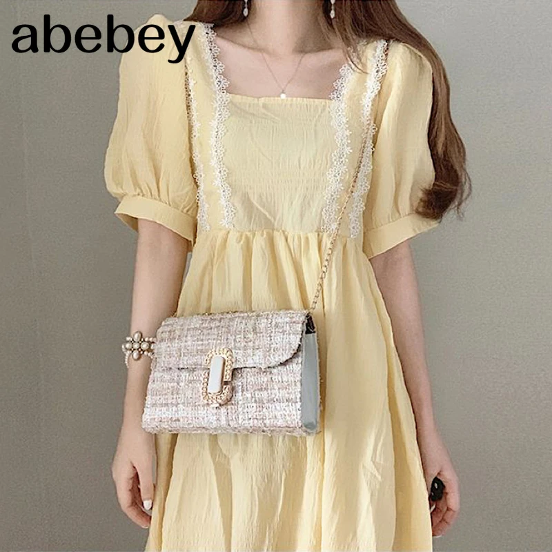 New Summer Sweet All-match square collar puff sleeve Dress hollow out lace lace stitching pleated slim Dress 2021
New Summer Sweet All-match square collar puff sleeve Dress hollow out lace lace stitching pleated slim Dress 2021