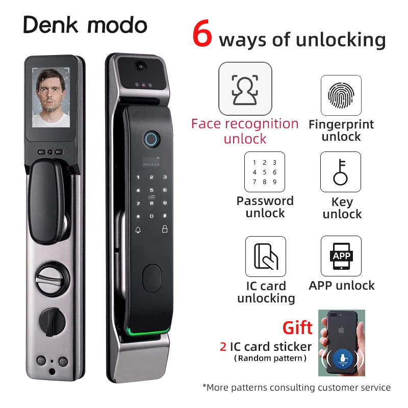 Denk modo Face Recognition Smart Door Lock Automatic Built-in Camera WiFi APP Remote Control Lock Fingerprint Password Card Key
Denk modo Face Recognition Smart Door Lock Automatic Built-in Camera WiFi APP Remote Control Lock Fingerprint Password Card Key