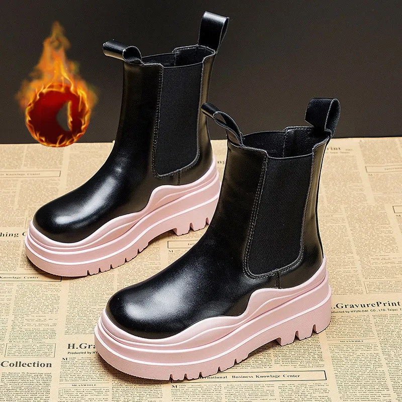 

women's Leather pipe Martin boots Winter 2021 new thick-soled increased single boots British style short-tube Chelsea boots