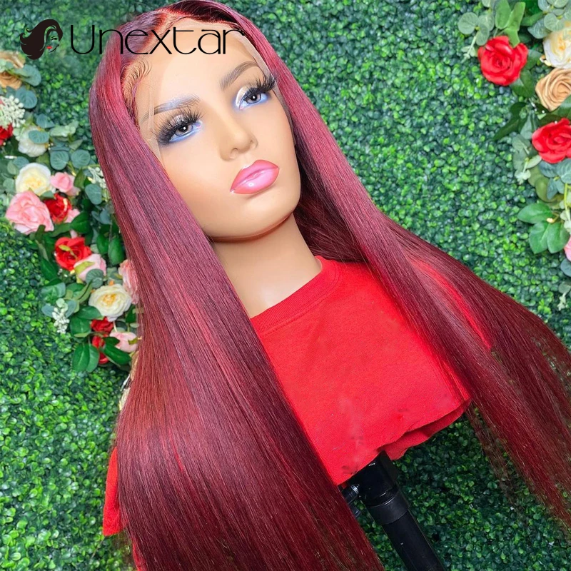 

99j Burgundy Transparent Lace Wig Women'S Silky Straight Hair 13x4 Lace Front Human Hair Wig Pre Lucky Remy Lace Partial Wig