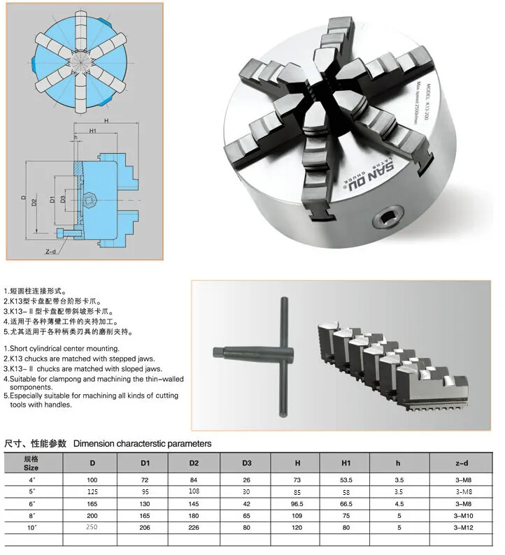 SAN OU K13 Series(Single Positive Claw) K13-100/100mm Self-centering Six Slope Jaws Chuck
SAN OU K13 Series(Single Positive Claw) K13-100/100mm Self-centering Six Slope Jaws Chuck