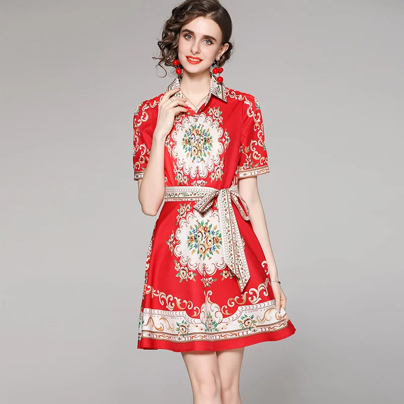 Real Shot European American Printed Dresses for Women Party Short Sleeved Sashes Lapel Knee Length Clothes
Real Shot European American Printed Dresses for Women Party Short Sleeved Sashes Lapel Knee Length Clothes