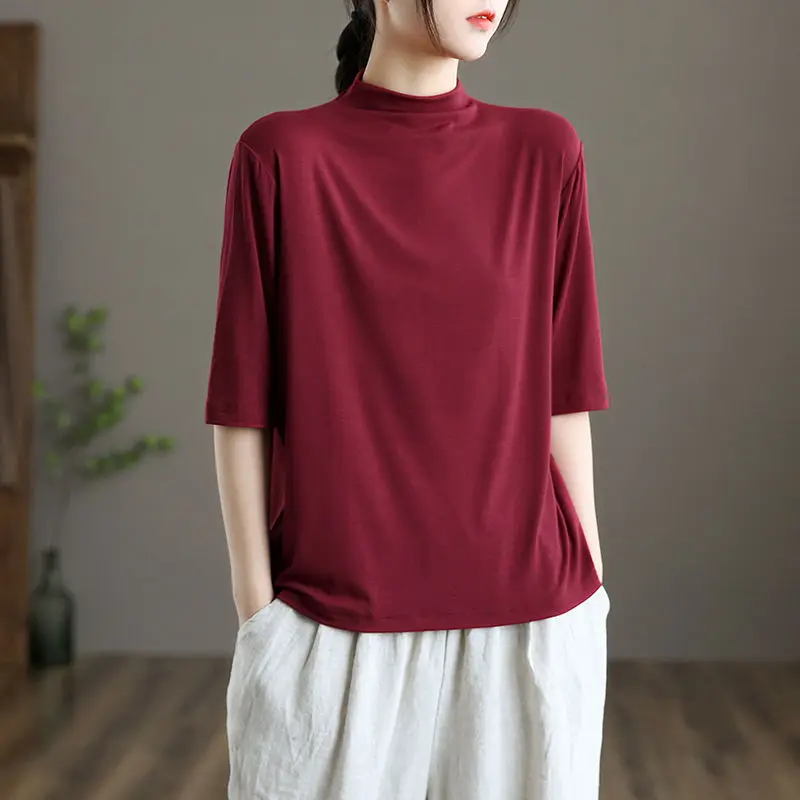 Summer art model half high collar short sleeve T-shirt women's cotton versatile base shirt loose size women's wear
Summer art model half high collar short sleeve T-shirt women's cotton versatile base shirt loose size women's wear