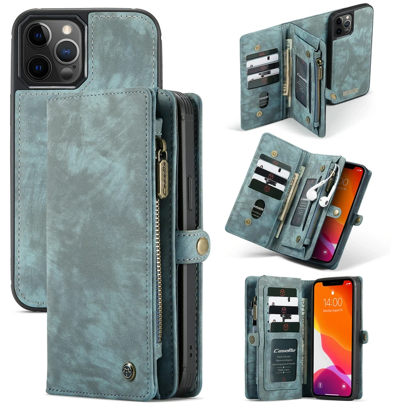 Кожаный чехол CaseMe для iPhone 12 min Xs Xr Max съемный 2 в 1 на молнии с отделением кредитных