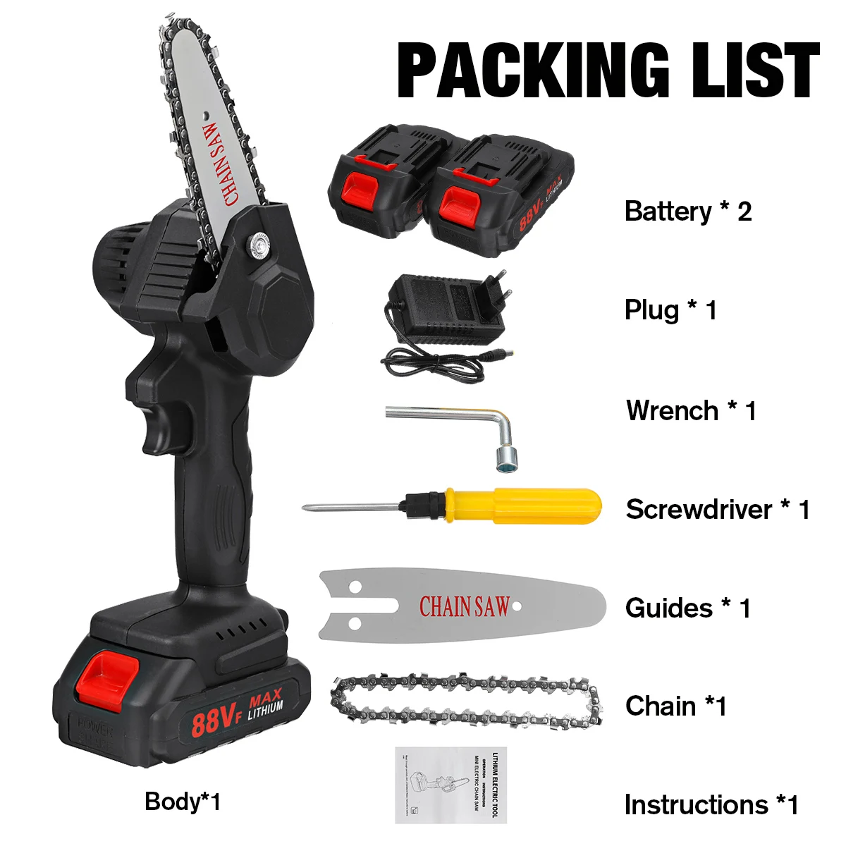 1200W 88V Electric Chain Saw Pruning Chainsaw For Fruit Tree Trimming Woodworking One-handed Garden Tool With Lithium Battery
1200W 88V Electric Chain Saw Pruning Chainsaw For Fruit Tree Trimming Woodworking One-handed Garden Tool With Lithium Battery