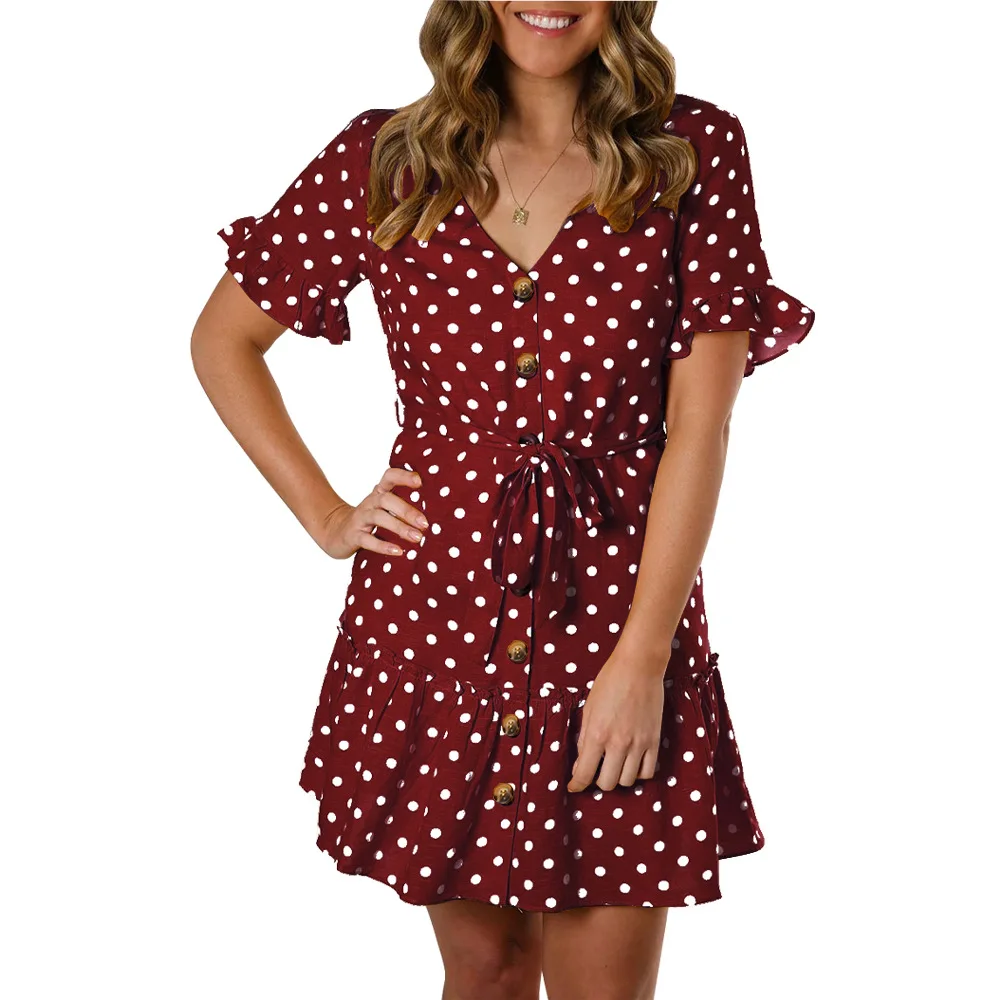 2020 New Arrival Wave Point Printing V Neck Single Breasted Butterfly Sleeve Ladies Dress Women Belt Flounce Short Sleeve Dress
2020 New Arrival Wave Point Printing V Neck Single Breasted Butterfly Sleeve Ladies Dress Women Belt Flounce Short Sleeve Dress