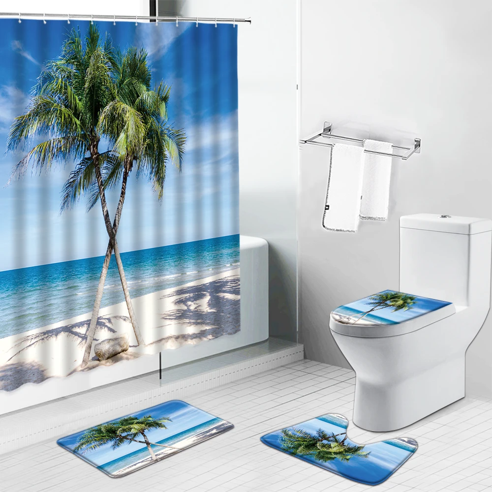 Занавески для душа с изображением пляжа, пальмы, Морского Пейзажа, морской звезды, ракушки, нескользящий ковер, коврики для туалета, набор для декора ванной комнаты
Занавески для душа с изображением пляжа, пальмы, Морского Пейзажа, морской звезды, ракушки, нескользящий ковер, коврики для туалета, набор для декора ванной комнаты