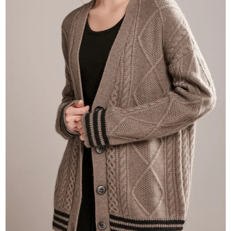 Autumn Women's Cardigan 100% Wool Knitted Sweater Chic Tops Cashmere Coat Causal V-neck Full Sleeve Loose Women's Jacket Spring
Autumn Women's Cardigan 100% Wool Knitted Sweater Chic Tops Cashmere Coat Causal V-neck Full Sleeve Loose Women's Jacket Spring