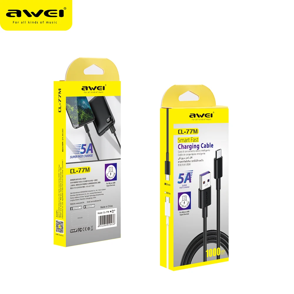 Awei 5A Micro USB Fast Charging Cable 40W Travel Data USB Cable Charger Micro usb Wire Cord for Phone Quick Charger Data Cable
Awei 5A Micro USB Fast Charging Cable 40W Travel Data USB Cable Charger Micro usb Wire Cord for Phone Quick Charger Data Cable