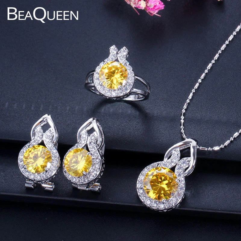 BeaQueen Trendy Cubic Zirconia Silver Color Jewelry Yellow Round CZ Crystal Earring Necklace Ring 3pcs Sets for Women JS011
BeaQueen Trendy Cubic Zirconia Silver Color Jewelry Yellow Round CZ Crystal Earring Necklace Ring 3pcs Sets for Women JS011