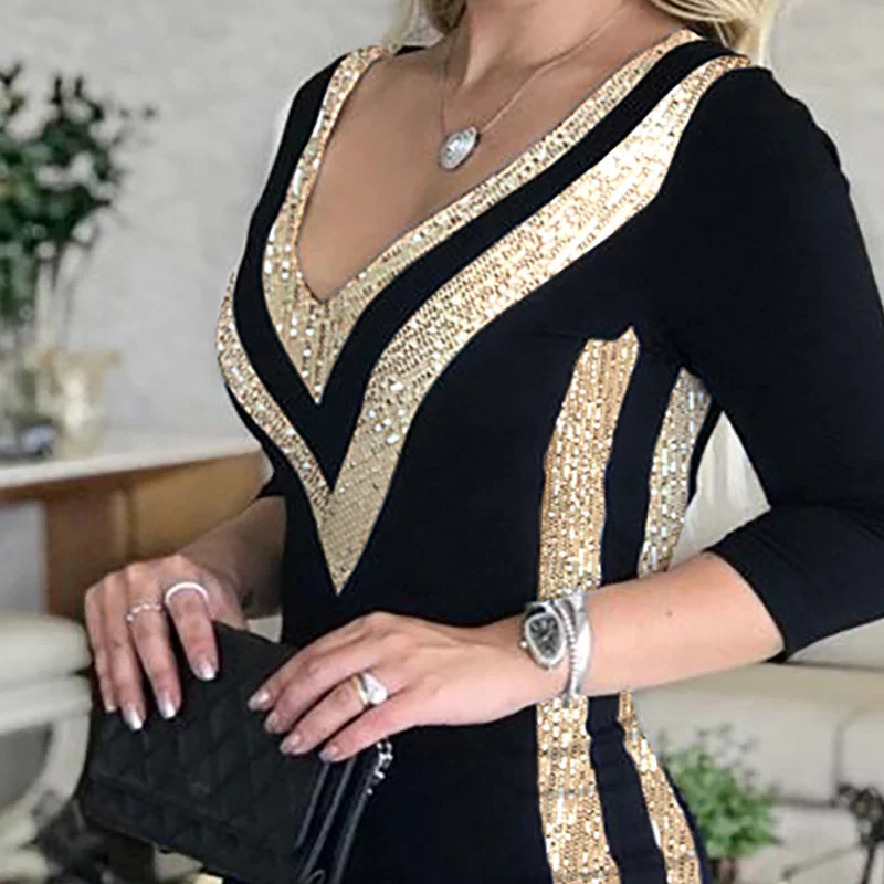 V-Neck Contrast Color Patchwork Women's Dress Striped Leopard Print Three Quarter Sleeve Sheath Sexy Party Lady Dresses New Year 
V-Neck Contrast Color Patchwork Women's Dress Striped Leopard Print Three Quarter Sleeve Sheath Sexy Party Lady Dresses New Year