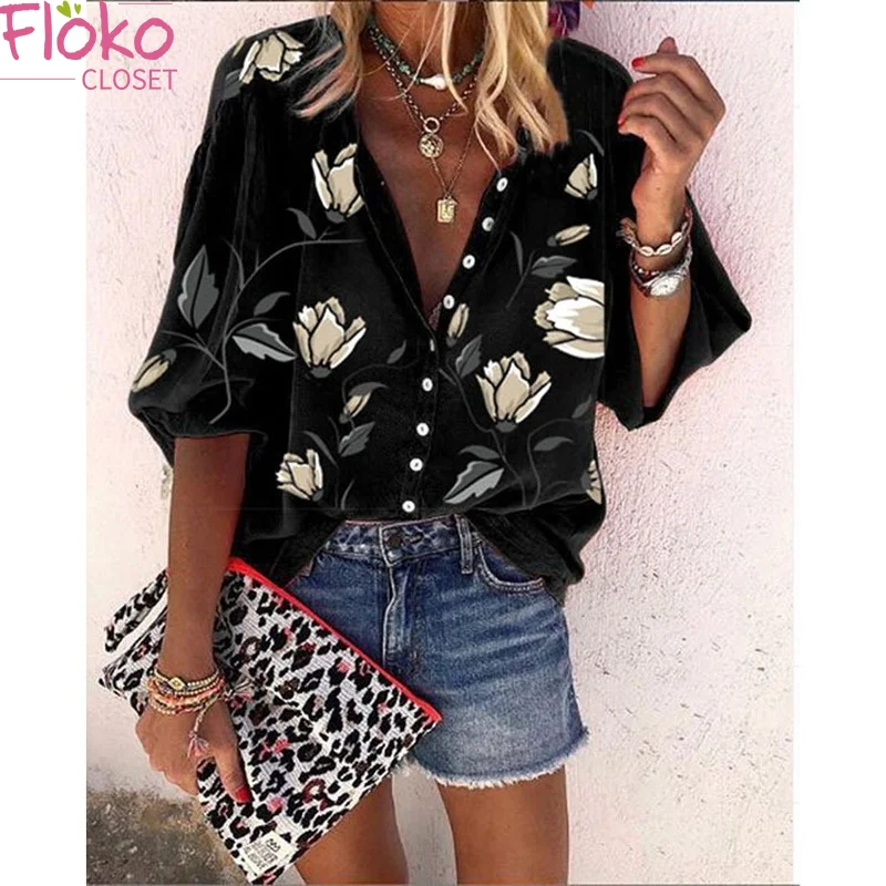 

Flokocloset Casual Print Lantern Sleeve Blouse Women Bohemian Clothing Shirt Nine Quarter High Street Ladies Tops