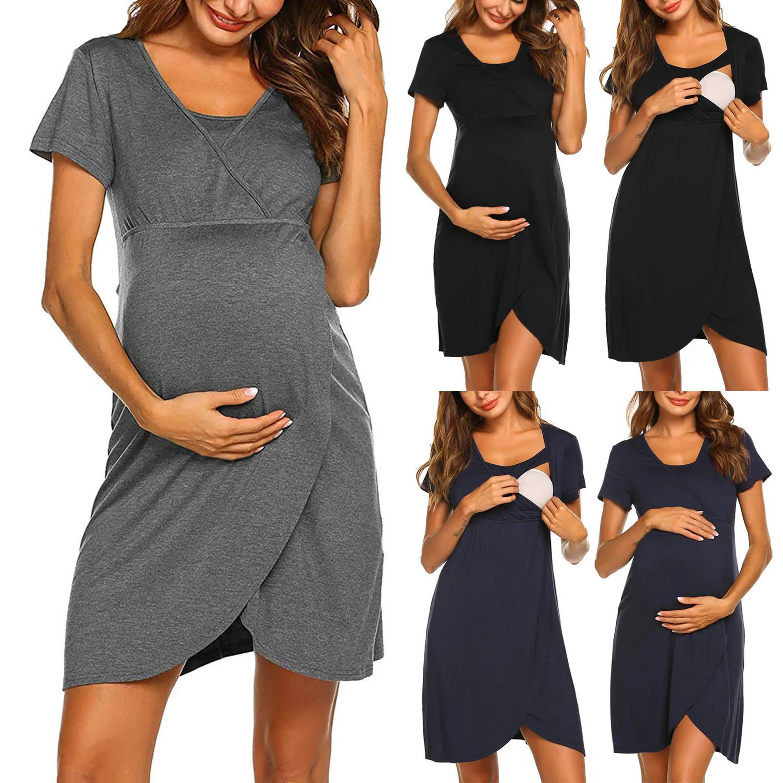 

Платья для беременных женщин одежда для сна Однотонная ночная рубашка с коротким рукавом для кормления грудью платье для кормящих матерей ...