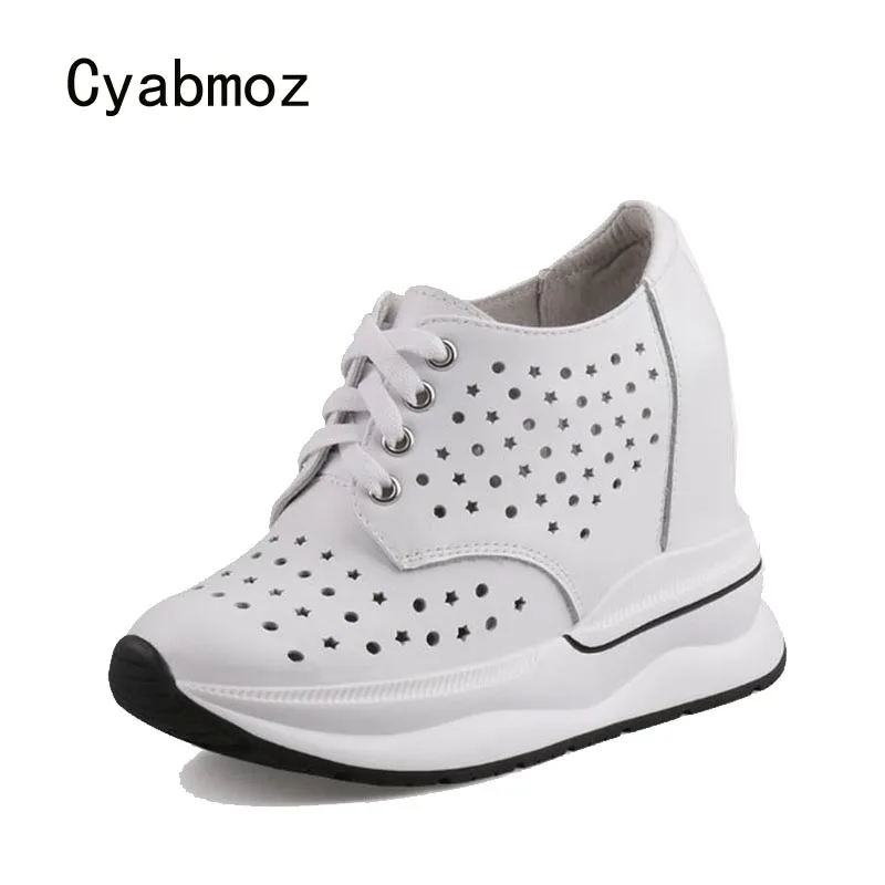 

Cyabmoz Height increasing Shoes Woman Sneakers High heels Pumps Genuine Leather Breathable Hollow Women Party Wedge Ladies Shoes