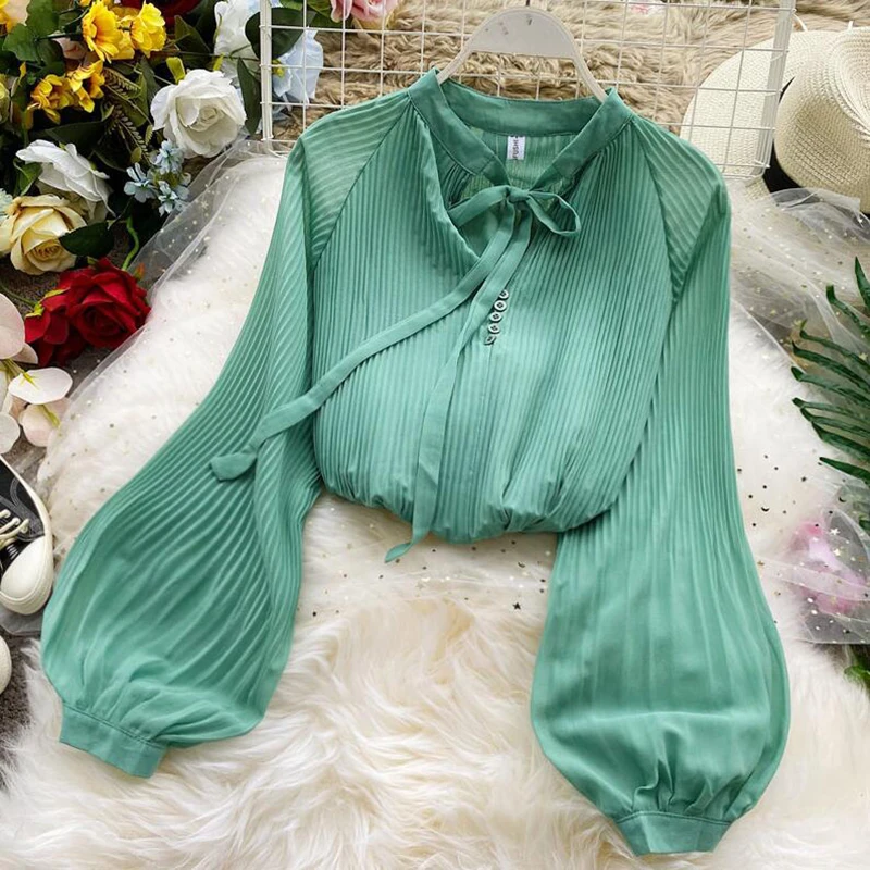Bow Pleated Ruffles Chiffon Shirts Blusa Vintage Lantern sleeve Women Blouse 2020 Spring Autumn New Fashion Elegant Stand Shirt
Bow Pleated Ruffles Chiffon Shirts Blusa Vintage Lantern sleeve Women Blouse 2020 Spring Autumn New Fashion Elegant Stand Shirt