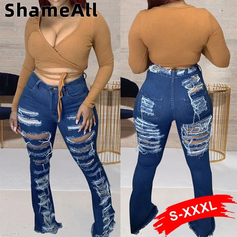 

Plus Size Boyfriend Ripped Holes Buttocks Torn Flare Jeans 3XL Women Streetwear Stretchy Skinny Melody Denim Pants Bell Bottoms