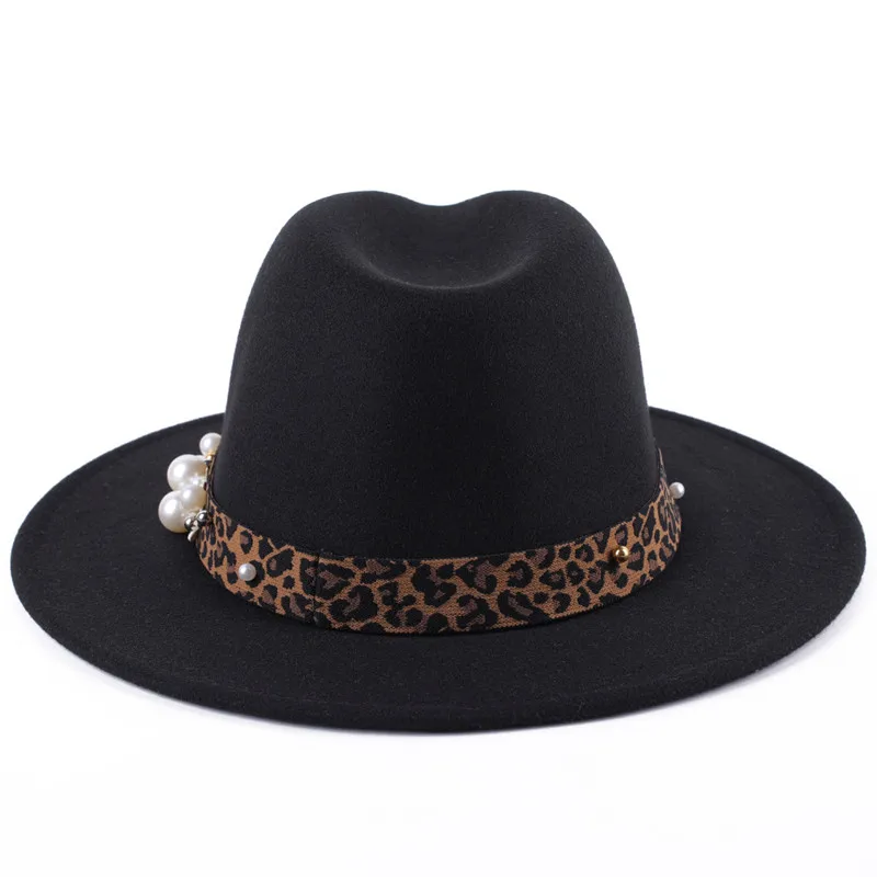 Classic Leopard Print Pearl Belt Solid Color Women Wide brim jazz hat autumn winter fedora hat fashion woolen hat women panama h
Classic Leopard Print Pearl Belt Solid Color Women Wide brim jazz hat autumn winter fedora hat fashion woolen hat women panama h