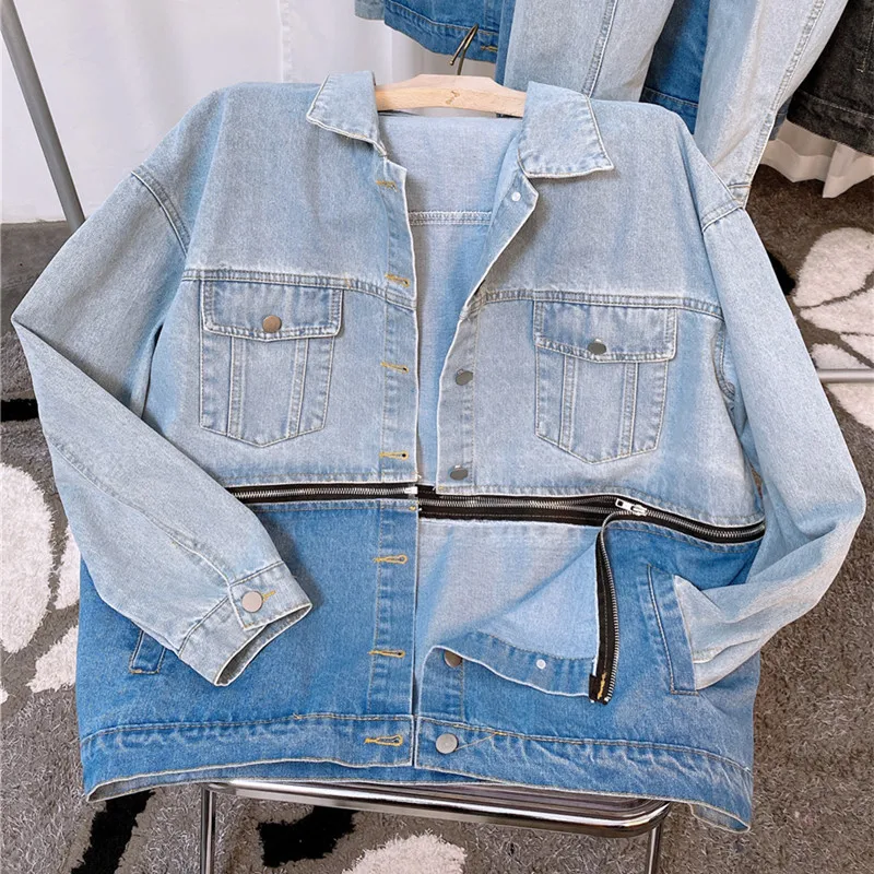 Spring And Autumn New Casual Design Zipper Contrast Color Print Patchwork Turn-Down Collar Single Breasted Loose Denim Jacket
Spring And Autumn New Casual Design Zipper Contrast Color Print Patchwork Turn-Down Collar Single Breasted Loose Denim Jacket