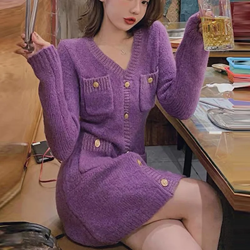 Korean Sweet Chic Elegant Knitted Sweater Dress Women Small Fragrance Single Breasted Slim Mini Dress Party Robe Femme Vestidos
Korean Sweet Chic Elegant Knitted Sweater Dress Women Small Fragrance Single Breasted Slim Mini Dress Party Robe Femme Vestidos