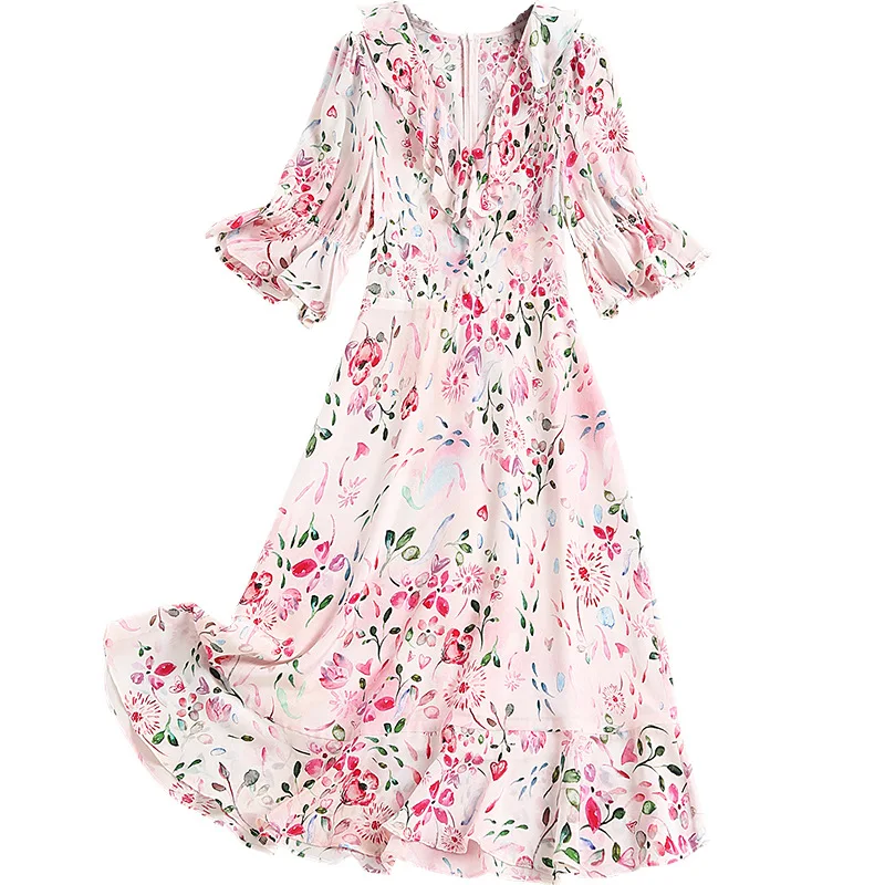 SHUCHAN Woman Natural Silk Dress Pink Prairie Chic Knee-Length Butterfly Sleeve O-Neck Floral Bohemian Ruffles V-Neck Dresses
SHUCHAN Woman Natural Silk Dress Pink Prairie Chic Knee-Length Butterfly Sleeve O-Neck Floral Bohemian Ruffles V-Neck Dresses
