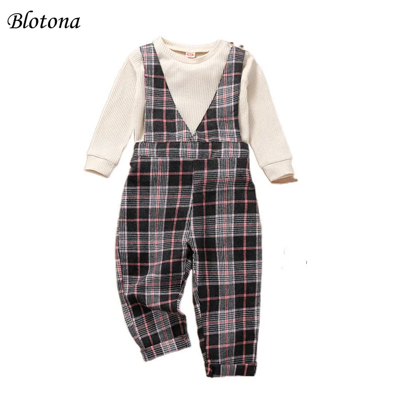 Blotona 2Pcs Toddler Fashion Outfit, Solid Color Long Sleeve T-Shirt + Plaid V-Neck Suspenders Pants for Girls, 18Months-6Years 
Blotona 2Pcs Toddler Fashion Outfit, Solid Color Long Sleeve T-Shirt + Plaid V-Neck Suspenders Pants for Girls, 18Months-6Years