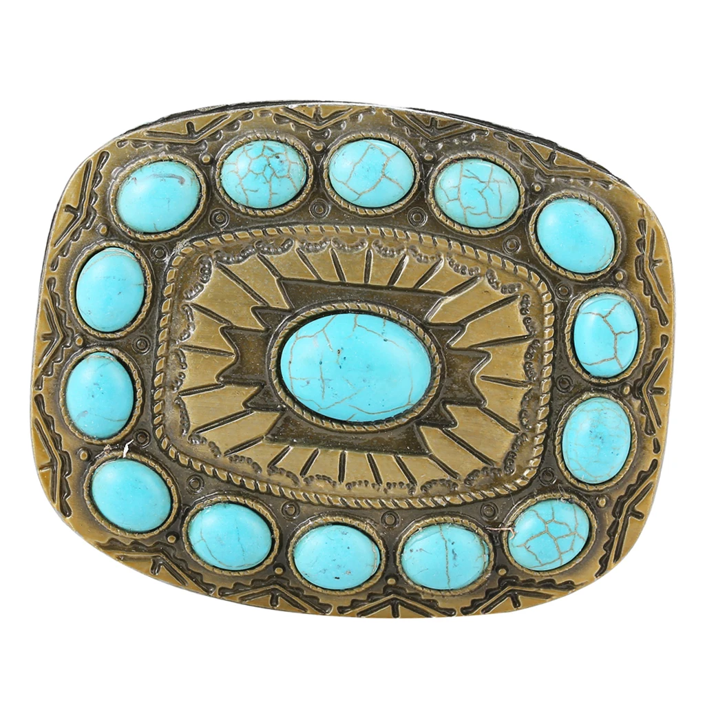 

Rodeo Turquoise Bead Belt Buckle Boho Engraved Indian Bronze Tone Buckles