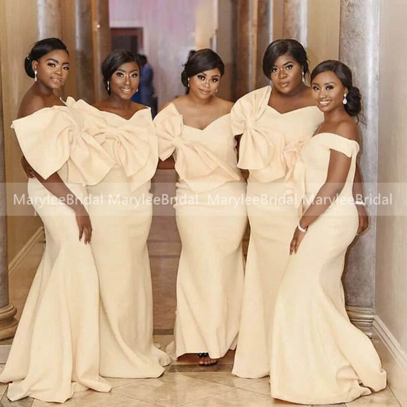 Elegant Mermaid Satin Vestido De Festa Longo Off The Shoulder Champagne Bridesmaid Dresses With Big Bow Wedding Party Dresses
Elegant Mermaid Satin Vestido De Festa Longo Off The Shoulder Champagne Bridesmaid Dresses With Big Bow Wedding Party Dresses