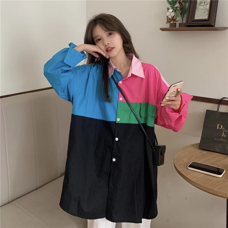 Spring and summer Korean style high street personality Harajuku color matching loose long-sleeved shirt
Spring and summer Korean style high street personality Harajuku color matching loose long-sleeved shirt