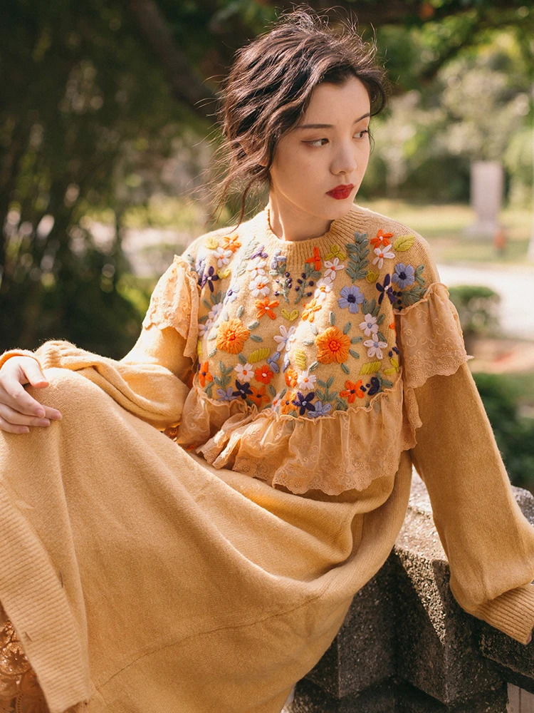 Forest early autumn autumn new hand hook flower long splicing lace vintage wool dress dress
Forest early autumn autumn new hand hook flower long splicing lace vintage wool dress dress
