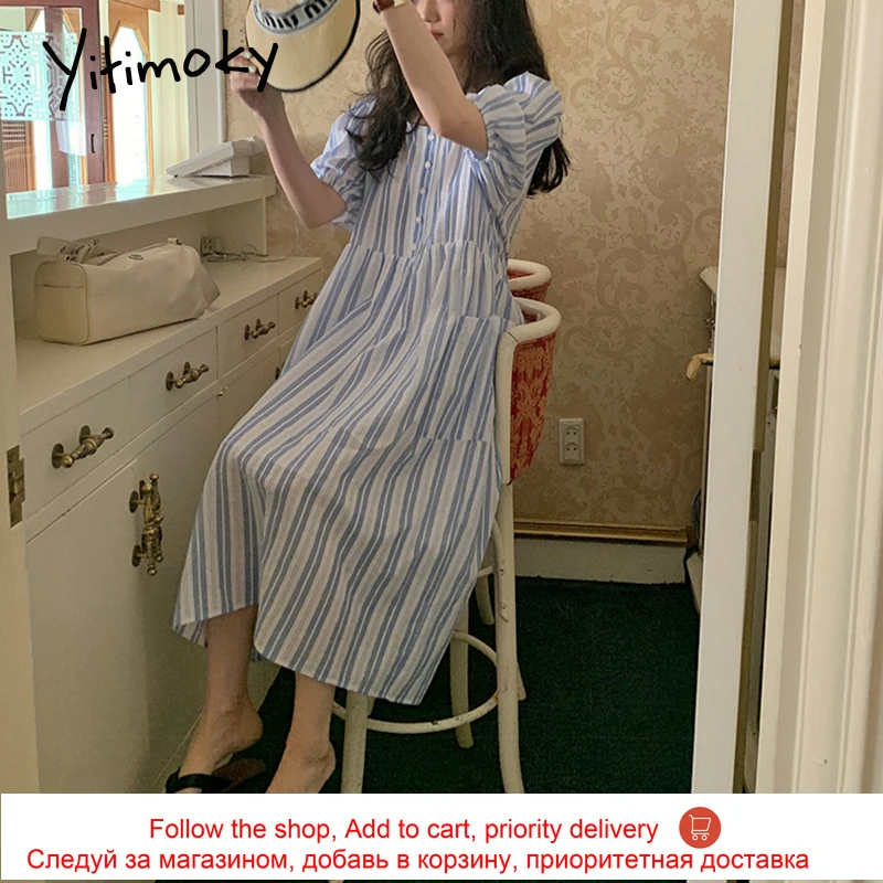 Yitimoky Vintage Woman Dress Square Collar Striped 2021 Summer Fashion Korean New High waist Single Breasted Simple Dresses
Yitimoky Vintage Woman Dress Square Collar Striped 2021 Summer Fashion Korean New High waist Single Breasted Simple Dresses