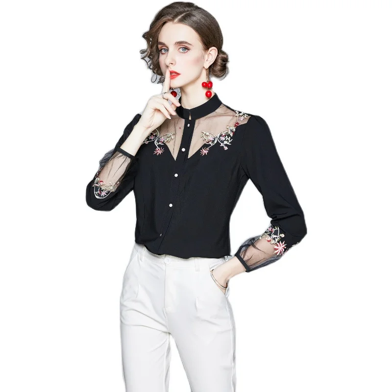 Runway Flower Embroidery Shirt Women Fashion Stand Collar Single Breasted Transparent See Through Sexy Office Ladies Blouses Top
Runway Flower Embroidery Shirt Women Fashion Stand Collar Single Breasted Transparent See Through Sexy Office Ladies Blouses Top