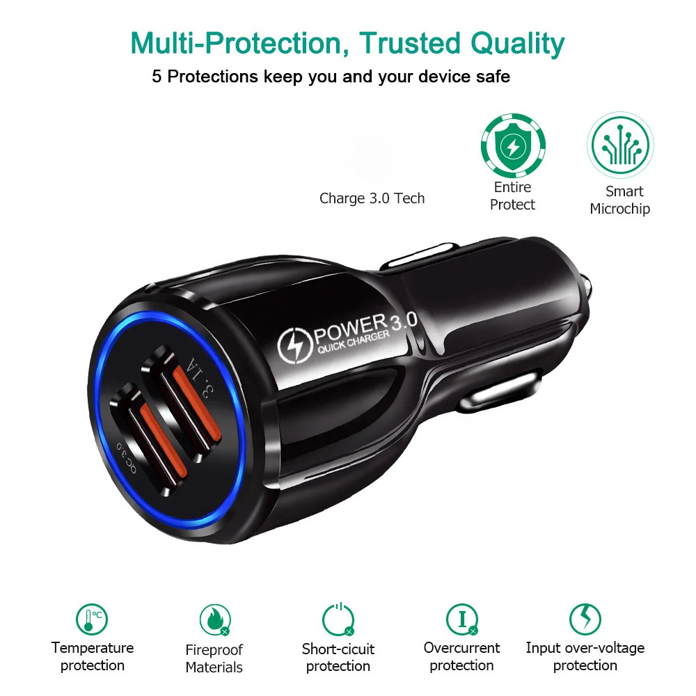 Car Charger Quick Charge 3.0 QC 3.0 Fast Charging Adapter Dual USB Car-Charger For iphone Micro USB Type C Cable Phone Chargers
Car Charger Quick Charge 3.0 QC 3.0 Fast Charging Adapter Dual USB Car-Charger For iphone Micro USB Type C Cable Phone Chargers